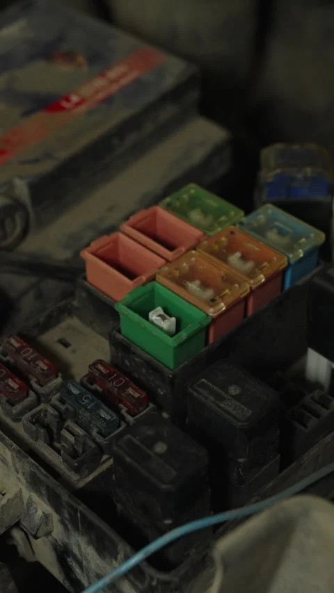 A dusty car fuse box with multi-colored fuses and relays Stock Footage 339684763