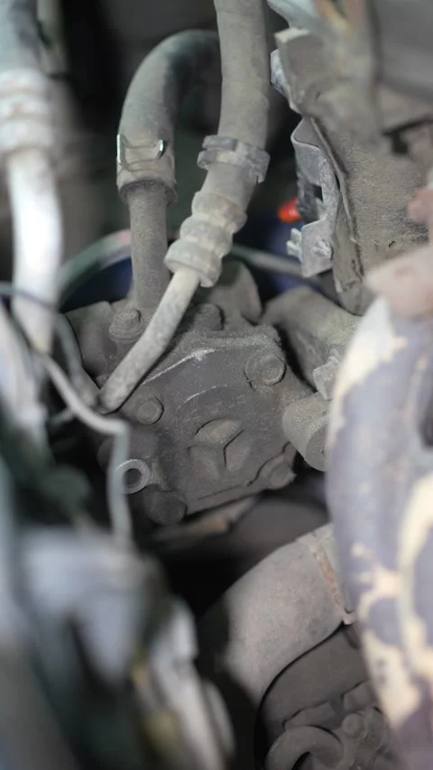 A dusty car power steering pump with connected hydraulic hoses. Stock Footage 345910670