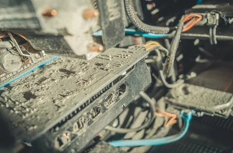Dusty computer video card. A layer of dust and dirt on the PCB. Selective focus Stock Photos