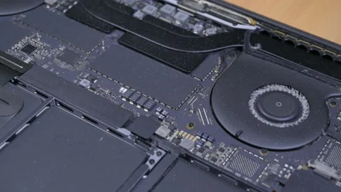 Dusty internal fan inside MacBook Pro. Teardown. Stock Footage 238908276