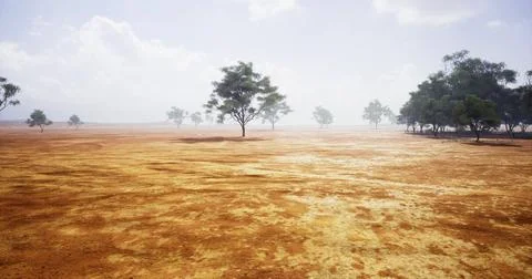 Dusty landscape with sparse trees and hazy sky in a dry region 스톡 일러스트