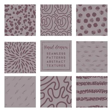 Dusty lavender seamless patterns collection with brush stroke elements Stock Illustration