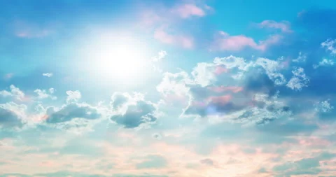 Dusty pink clouds run aqua blue sky with sun rays. Vídeo Stock 237743496