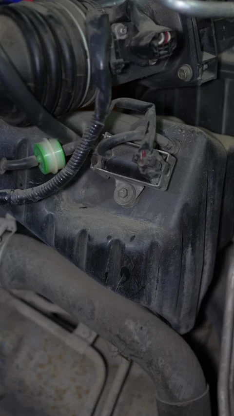 A dusty plastic air filter housing box with an attached sensor and wiring har Stock Footage 345108643