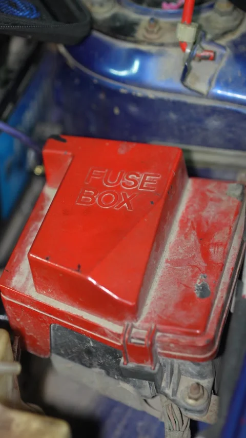 A dusty red plastic engine bay fuse box cover close-up. Stock-Footage 345910646