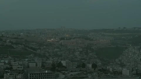 Dusty Twilight View of Jerusalem Old City and Temple Mount Stock Footage 331064929