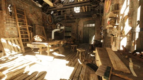 Dusty workspace with tools, Sunlit workshop shows signs of past work Video stock 331523141