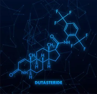 Dutasteride chemical formula, structural model illuminating on dark background Stock Illustration