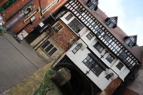 Dutch angle view of the High Bridge buildings in Lincoln Stock Photos
