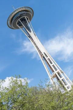Dutch angle view of the Space Needle from Seattle Center, Seattle, Washington Stock Photos
