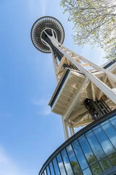 Dutch angle view of the Space Needle from Seattle Center, Seattle, Washington Stock Photos