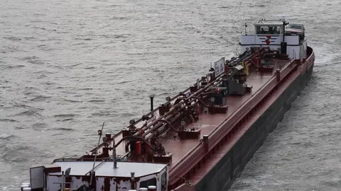 Dutch barge sails in the river seen from the bridge Stock Footage 139312834