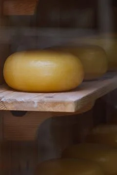 Dutch cheese in a showcase Stock Photos