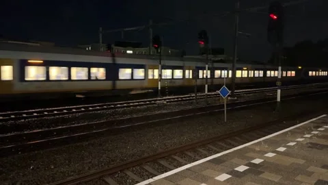 Dutch commuter train entering Weesp railway station Stock Footage 318411337