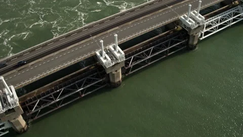 Dutch Delta works Eastern Scheldt storm surge barrier. Stock Footage 153432070