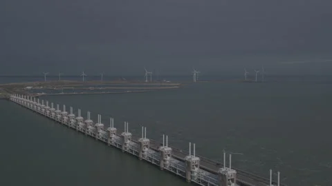 Dutch Delta works Eastern Scheldt storm surge barrier. Stock Footage 220345047
