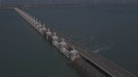 Dutch Delta works Eastern Scheldt storm surge barrier. Stock Footage 220351678