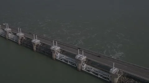 Dutch Delta works Eastern Scheldt storm surge barrier. Stock Footage 220352347