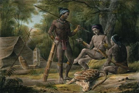 Dutch East Indies (Java or Indonesia): three hunters with a dead leopard. C.. Stock Illustration