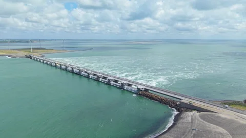 Dutch engineering marvel of the Eastern Scheldt storm surge barrier 스톡 동영상 338127433