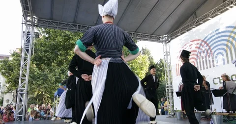 Dutch folk dance group performing in Plovdiv, Bulgaria Stock Footage 93848344