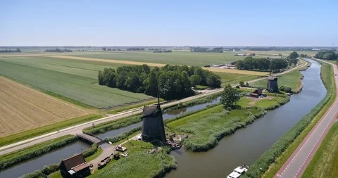 Dutch Landscape With The Three Windmills, Rustenburg, Netherlands (4K Drone) Stock Footage 116096612