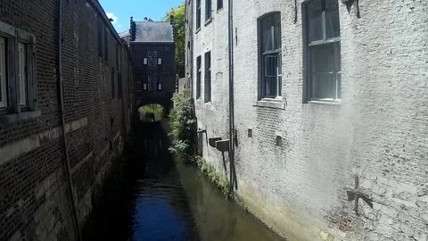 Dutch Medieval City Buildings and Running Stream Stock Footage