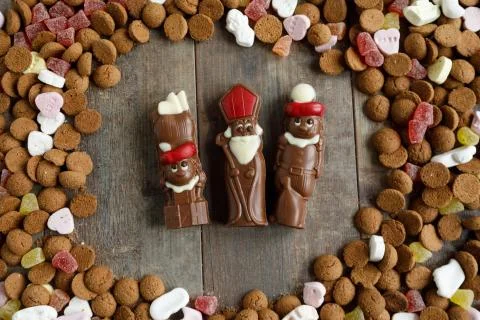 Dutch mixed candy chololate figures which are eaten during the Sinterklaas fe Stock Photos