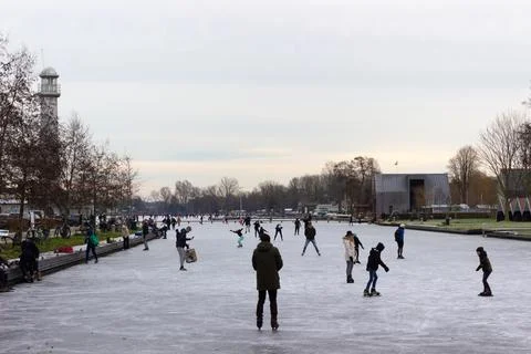 Dutch People Ice Skating on Natural Ice Paterswoldsemeer, Lake in Netherlands Stock Photos