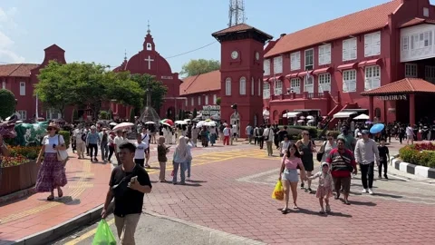 Dutch (Red) Square with Stadthuys Christ church Clock tower in Malacca. Stock Footage 346139114
