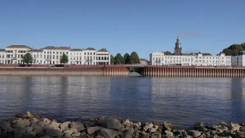 The Dutch river IJssel in front of the ancient city of Zutphen Stock Footage 253805128