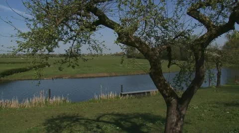 Dutch River Linge behind old apple tree + pan river landscape Stock Footage 21879867