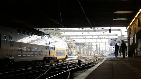 Dutch train waiting at station Stock Footage 128800953