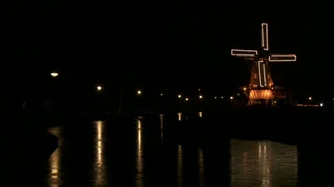Dutch windmill with lights at night Stock Footage 13361139