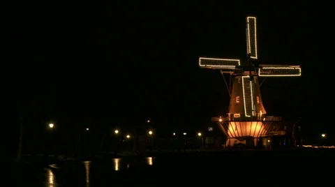 Dutch windmill with lights at night Stock Footage 13362186