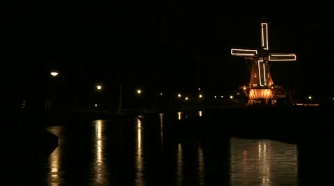 Dutch windmill with lights at night Stock Footage 13362356