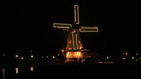 Dutch windmill with lights at night Stock Footage 13362853
