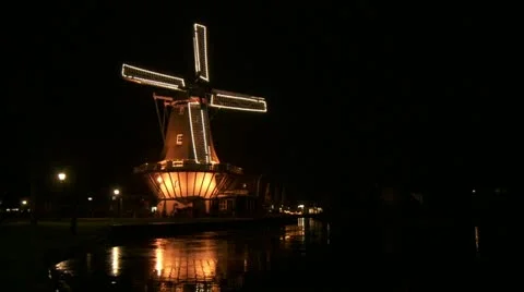 Dutch windmill with lights at night Stock Footage 13363247