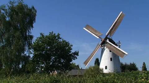Dutch Windmill towering above hedgerow + slowly turning counterclockwise Video stock 34528774