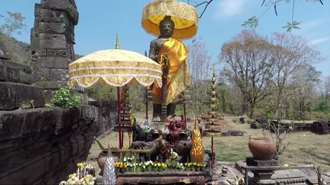 Dvarapala statue on the mountain, Vat Phou Temple Complex, Champasak, Laos Stock Footage 155394767