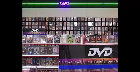 DVD Hire Store, Interior and Displays (1998) Stock Footage 317736380