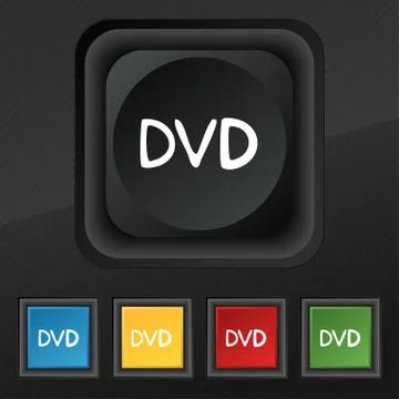 Dvd icon symbol. Set of five colorful, stylish buttons on black texture for your Stock Illustration