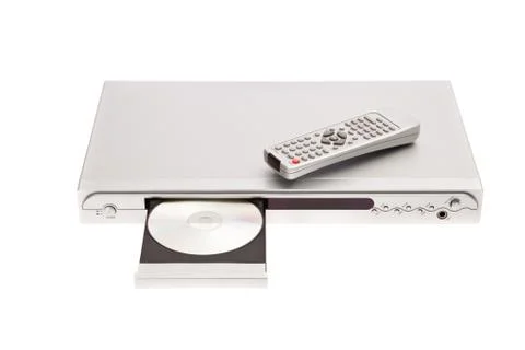 Dvd player ejecting disc with remote control isolated on white background Stock Photos