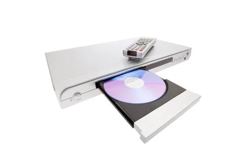 Dvd player ejecting disc with remote control isolated on white background Stock Photos