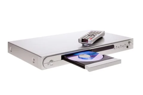 Dvd player ejecting disc with remote control isolated on white background. Stock Photos