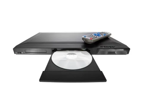 Dvd player ejecting disc with remote control isolated on white background Stock Photos