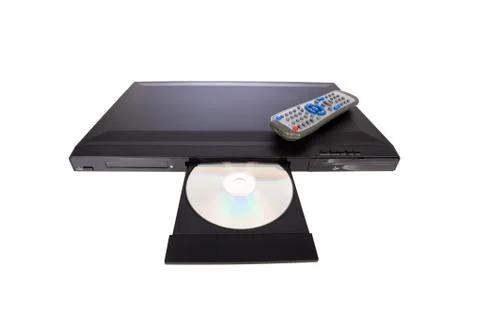 Dvd player ejecting disc with remote control isolated on white background Stock Photos