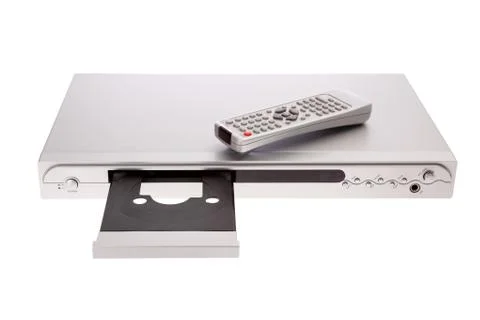 DVD player ejecting disc with remote control isolated Stock Photos