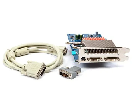 Dvi cable, adapter and video graphic card. Stock Photos