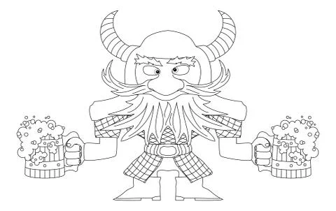 Dwarf with beer mugs, contour Illustrazione stock